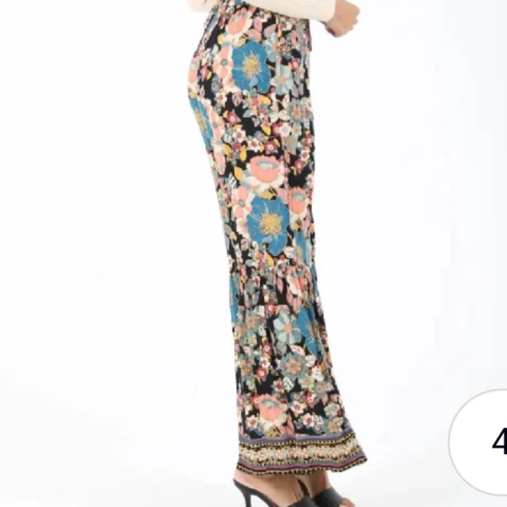 Angie Floral Wide-Leg Beach Flowy Pants Size Large Black Floral Peach Blue Multi - Picture 2 of 16